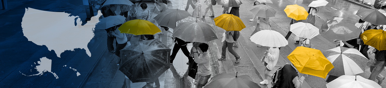 A person stands with their back to the camera, carrying a bright yellow umbrella in the middle of a storm. They stand on a pier, looking out at the stormy sky, which simultaneously looks threatening and hopeful as some of the clouds part to reveal a glimpse of sunshine.